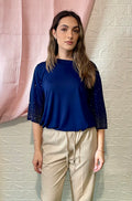 Maglietta Blu Oversize con Maniche Brillantinate - Comfort Glamour