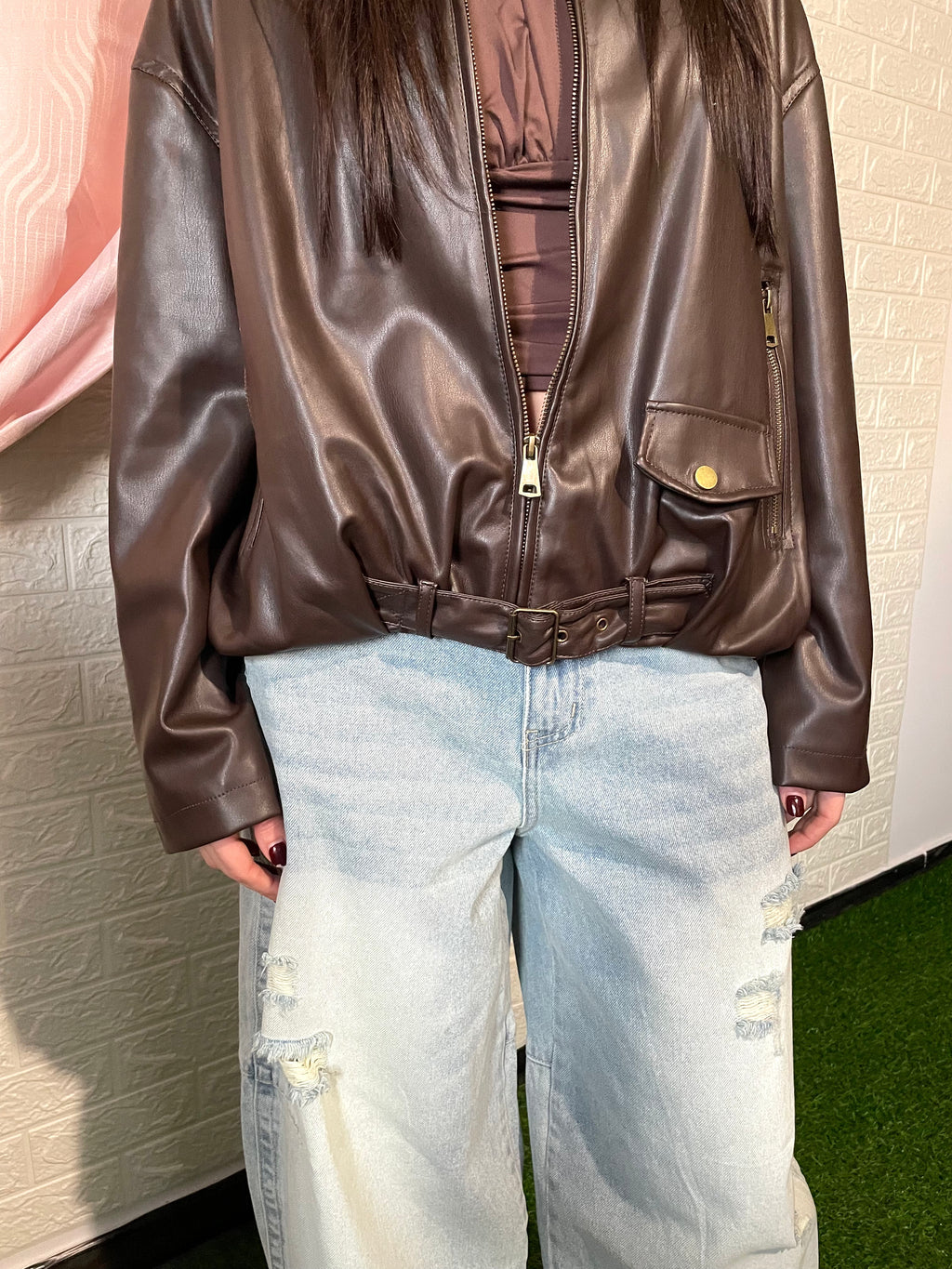 Giacca Bomber in Ecopelle Marrone