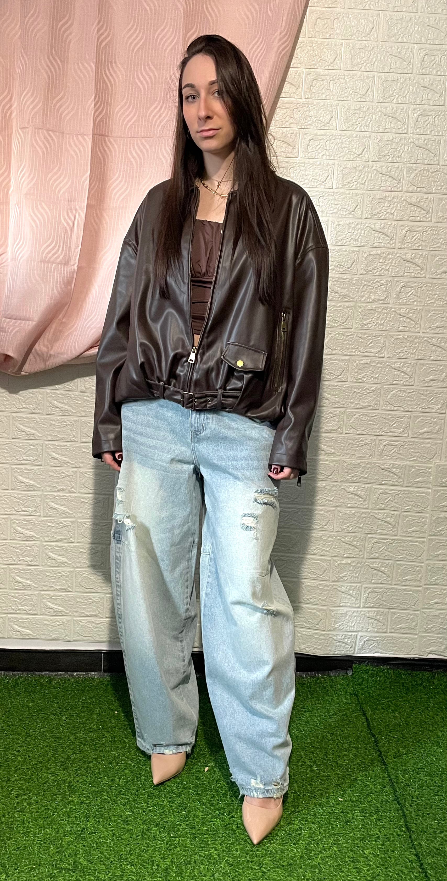 Giacca Bomber in Ecopelle Marrone