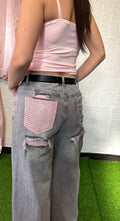 Jeans a Gamba Larga Delavé Grigio con Strappi e Dettagli Rosa