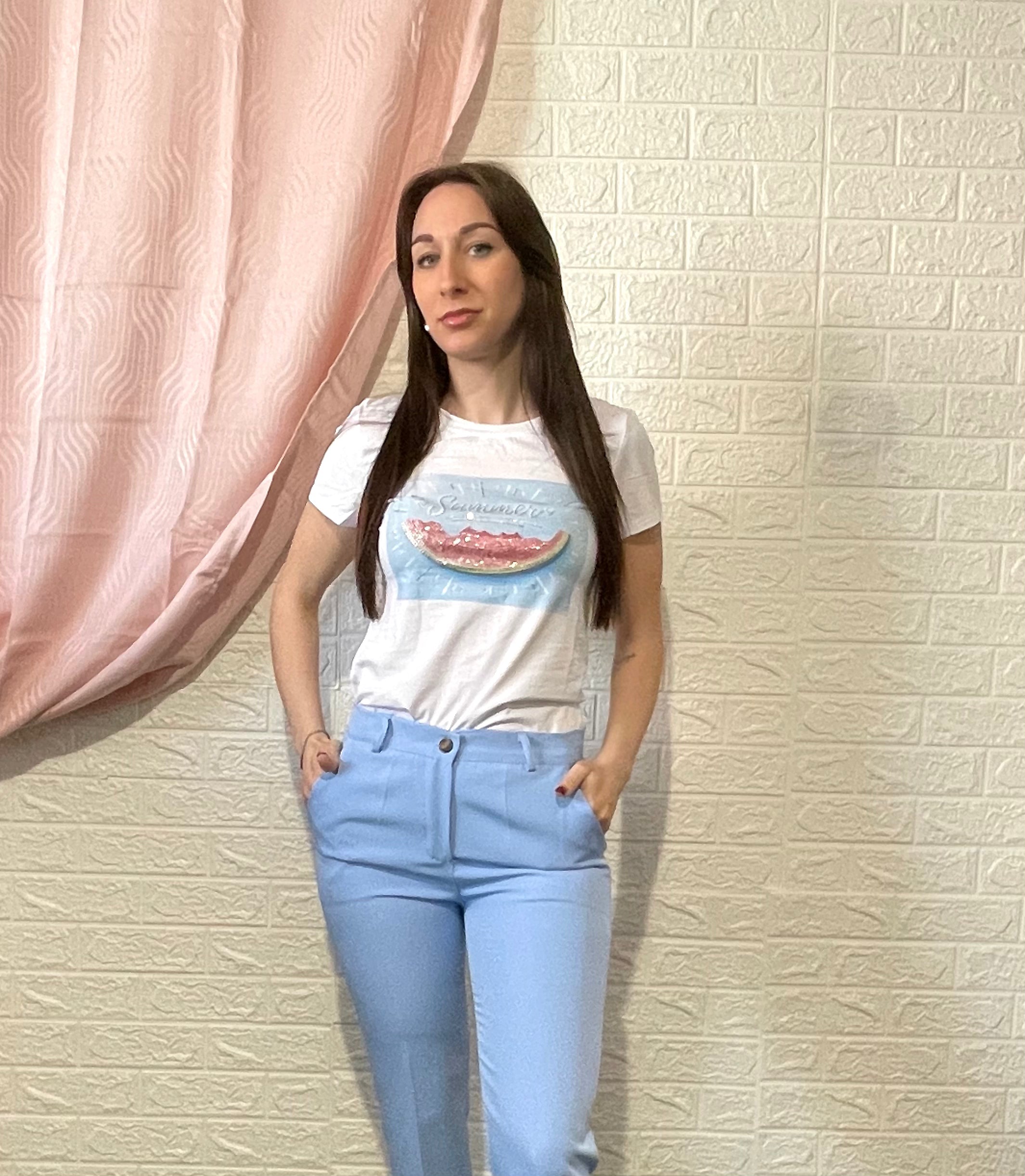 T-Shirt con Stampa Anguria - Bianca, Rosa e Nera