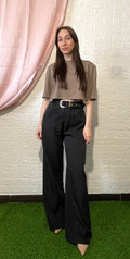 Pantalone Nero a Zampa con Cerniera sul Retro e Cintura
