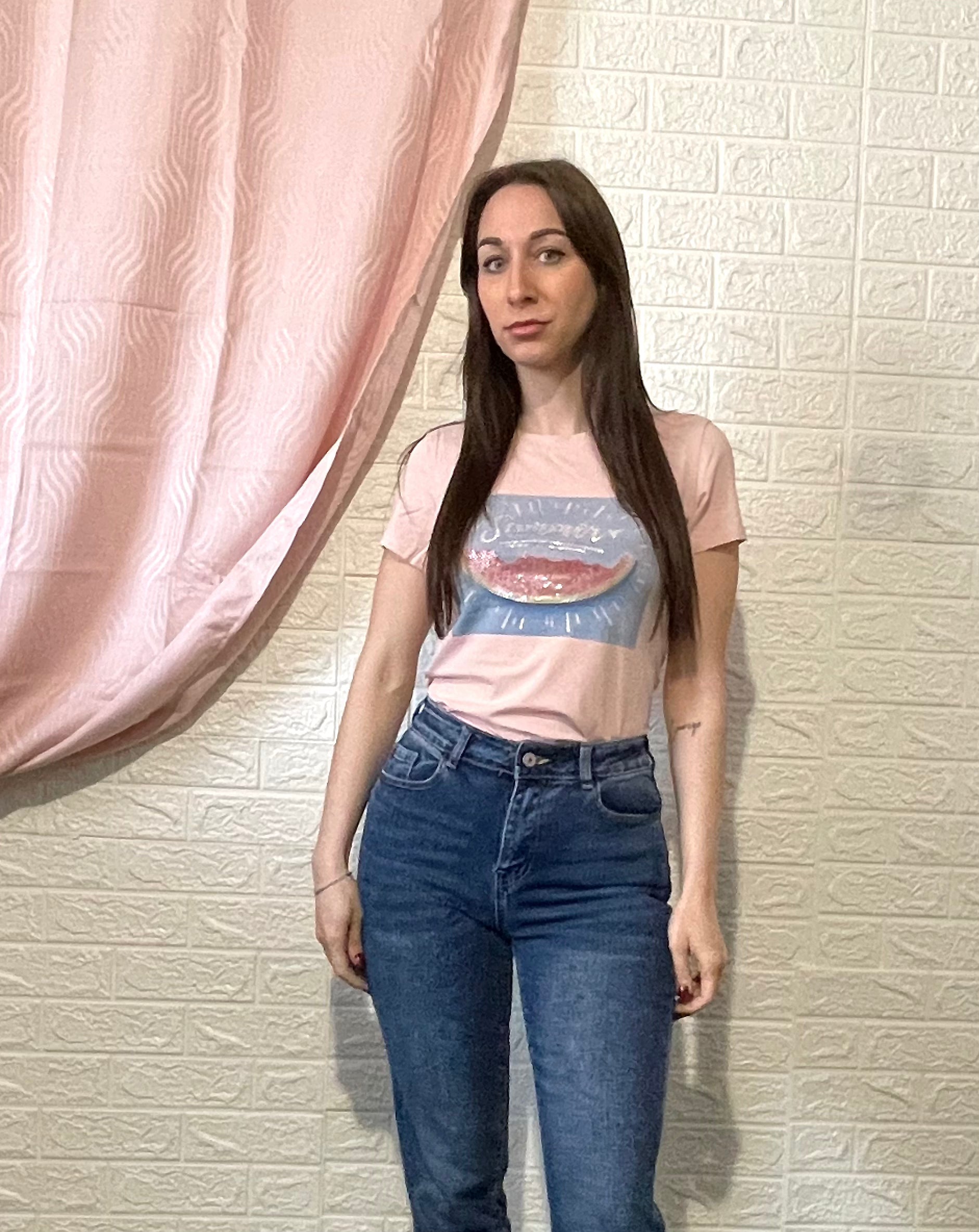 T-Shirt con Stampa Anguria - Bianca, Rosa e Nera