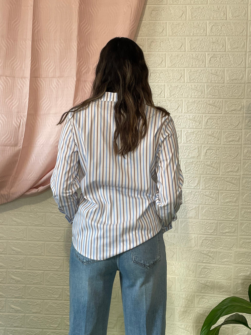 Camicia Oversize a Righe Blu e Camel