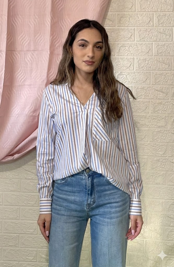 Camicia Oversize a Righe Blu e Camel